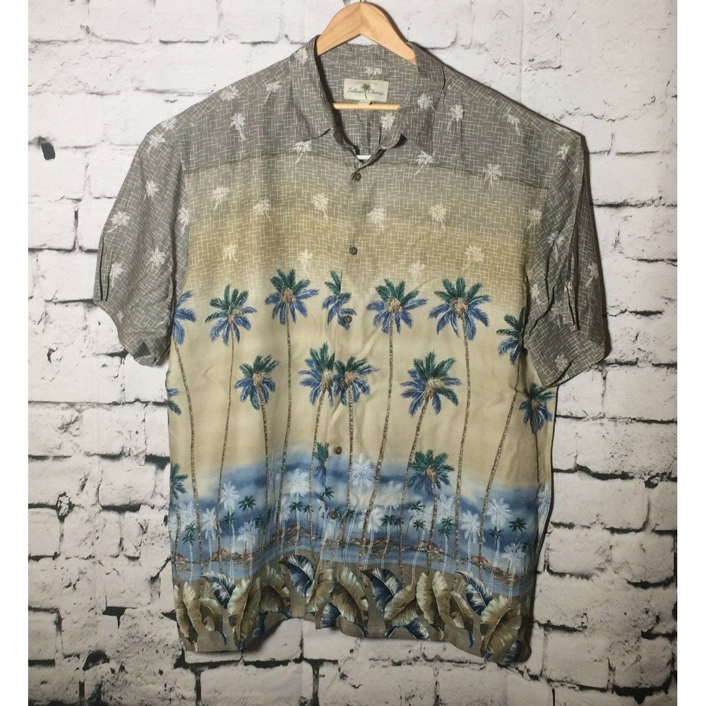Island Shores Mens Hawaiian Short Sleeve Shirt Trees Shoreline Surf Boards Sz XL